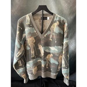 Saks Fifth Avenue Vintage 90s‎ Golf Scene V Neck Sweater Men's Med Pattern Knit
